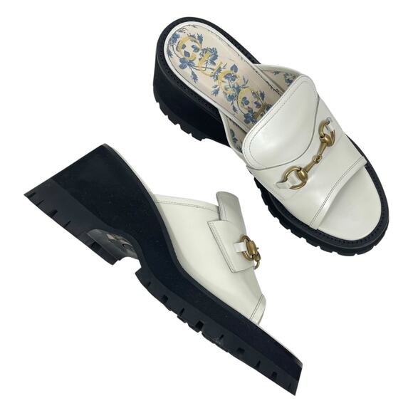 Gucci Cordovan Horsebit Open Toe Platform Slide Sandal Dusty White Size 41 - Picture 2 of 14